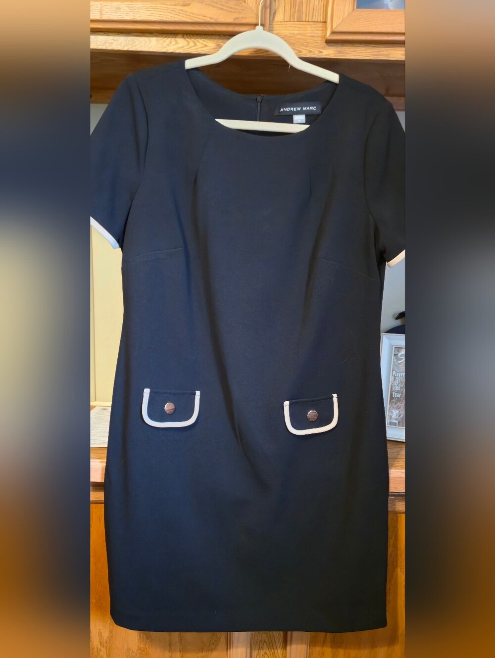 Andrew Marc Classic Black Shift Dress with Tan Trim